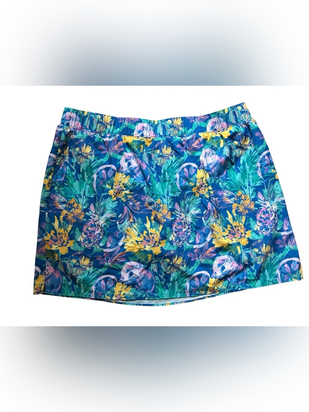 D & Co Beach Floral Swim Skirt/Skort Attached Shorts Sz 26W Pull On Pockets Blue